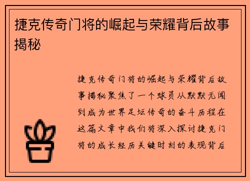 捷克传奇门将的崛起与荣耀背后故事揭秘