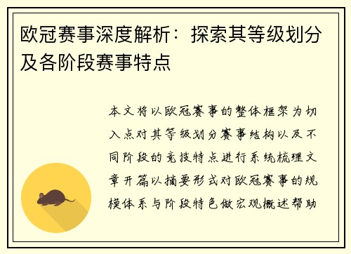 欧冠赛事深度解析：探索其等级划分及各阶段赛事特点