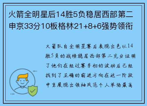 火箭全明星后14胜5负稳居西部第二 申京33分10板格林21+8+6强势领衔