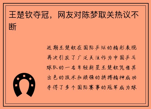 王楚钦夺冠，网友对陈梦取关热议不断
