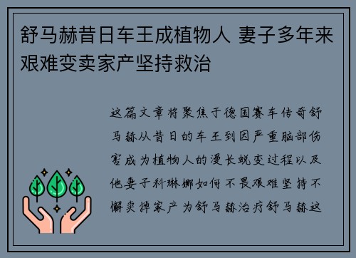 舒马赫昔日车王成植物人 妻子多年来艰难变卖家产坚持救治 舒马赫昔日车王成植物人 妻子多年来艰难变卖家产坚持救治